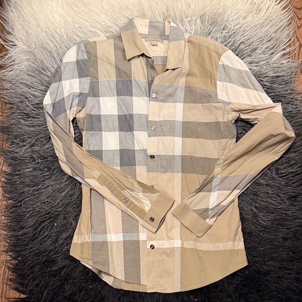Burberry Tan and Gray Checkered Shirt